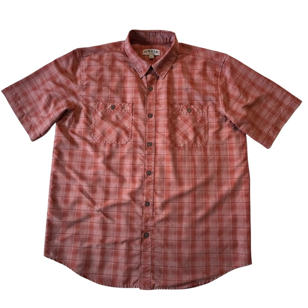 Orvis Classic Collection Mens Large Orange Plaid Short Sleeve Fishing Shirt - Picture 2 of 8